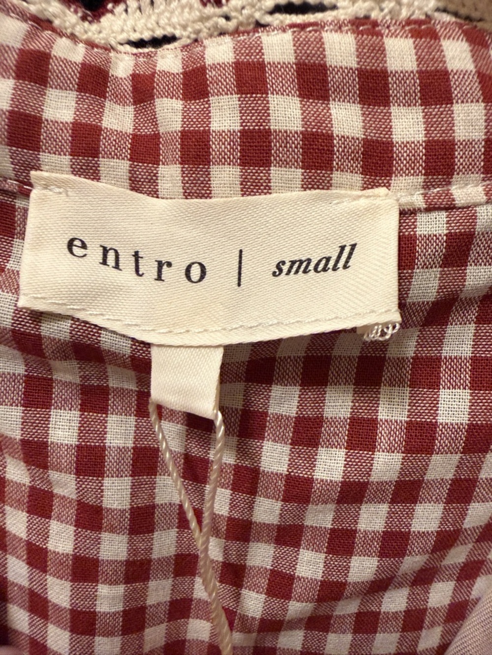 entro Red Gingham Button-Front Long Sleeve Dress with Cream Lace Trim - Picture 3 of 3